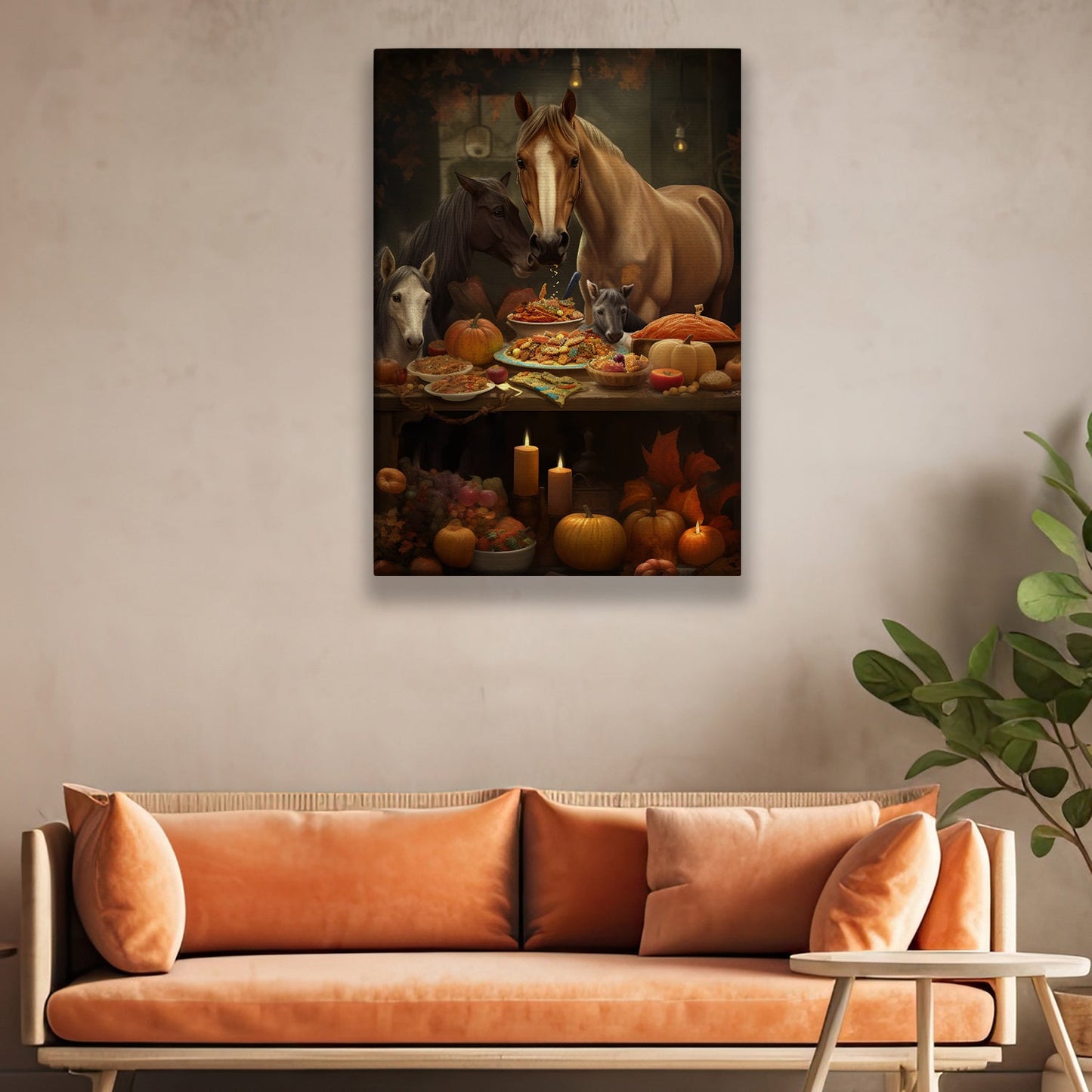 A Party For The Horse Family Feast In Gratitude Thanksgiving Canvas Painting, Wall Art Decor - Thanksgiving Poster Gift For Horse Lovers