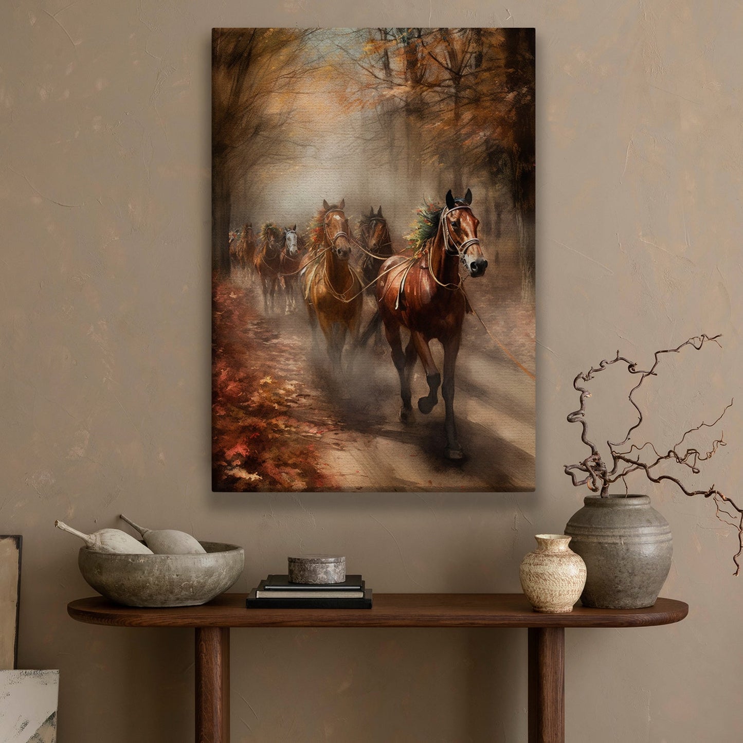 A Herd Of Horses Running Together On The Autumn Tree Path Horse Thanksgiving Canvas Painting, Wall Art Decor - Thanksgiving Poster Gift For Horse Lovers