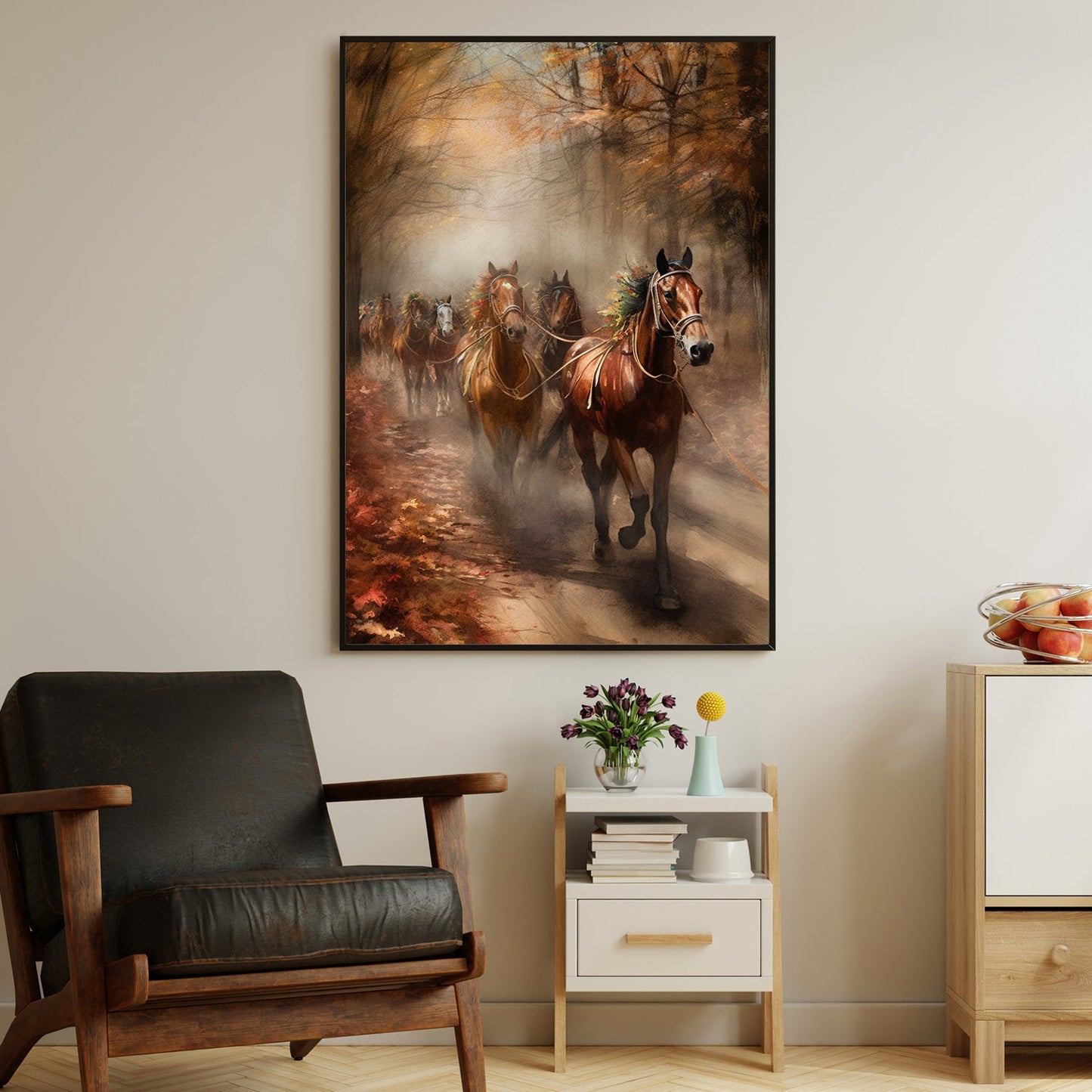 A Herd Of Horses Running Together On The Autumn Tree Path Horse Thanksgiving Canvas Painting, Wall Art Decor - Thanksgiving Poster Gift For Horse Lovers