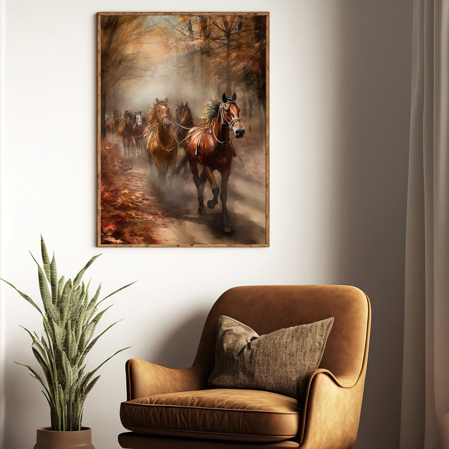 A Herd Of Horses Running Together On The Autumn Tree Path Horse Thanksgiving Canvas Painting, Wall Art Decor - Thanksgiving Poster Gift For Horse Lovers