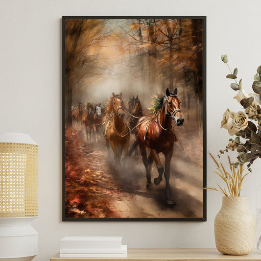 A Herd Of Horses Running Together On The Autumn Tree Path Horse Thanksgiving Canvas Painting, Wall Art Decor - Thanksgiving Poster Gift For Horse Lovers