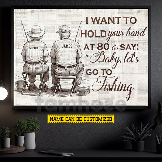Personalized Couple Fishing Canvas Painting, Baby Let's Go To Fishing Wall Art Decor, Poster Gift For Fishing Lover