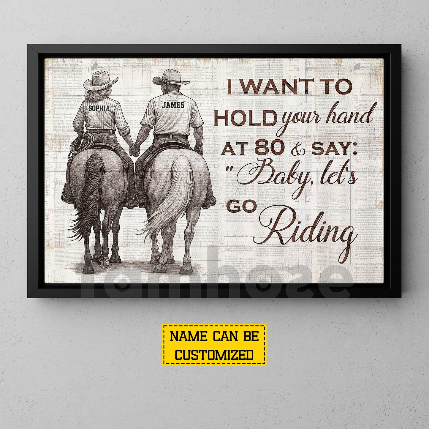 Personalized Couple Cowboy Cowgirl Riding Horse Canvas Painting, Baby Let's Go Riding Wall Art Decor, Poster Gift For Horse Riding Lover