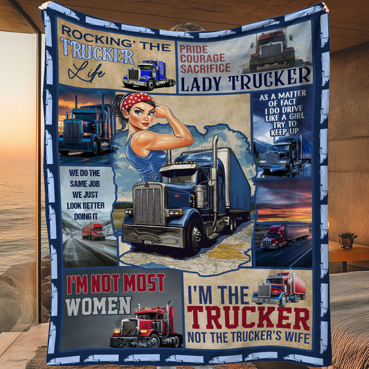 Trucker Girl Fleece Blanket, Rocking's The Trucker Life Woven Blanket, Cool Sherpa Blanket Gift For Truck Drivers