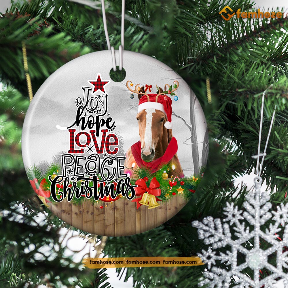 Christmas Horse Ornament, Joy Hope Love Peace Reindeer Christmas Gift For Horse Lovers, Circle Ceramic Ornament