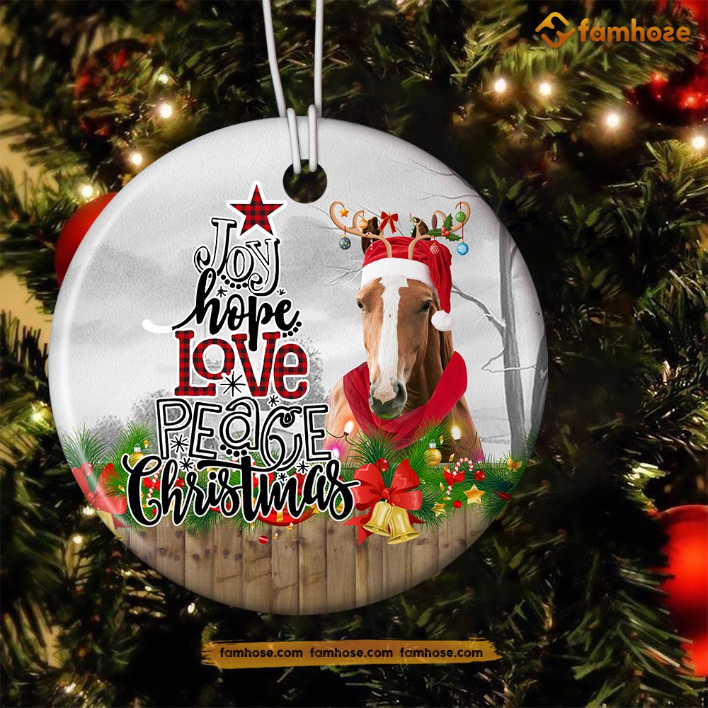 Christmas Horse Ornament, Joy Hope Love Peace Reindeer Christmas Gift For Horse Lovers, Circle Ceramic Ornament