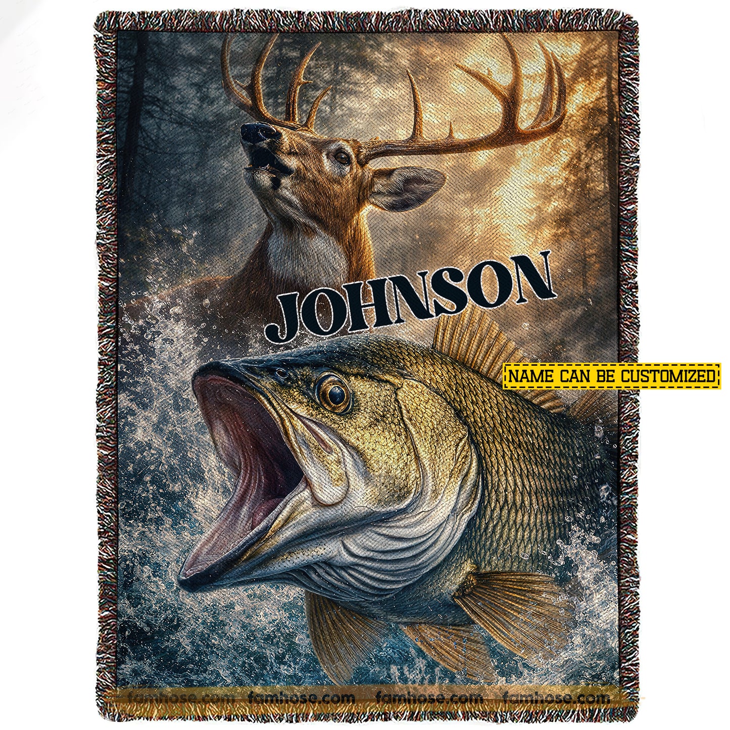 Personalized Deer Hunting & Fishing Fleece Blanket, Two Passions Woven Blanket, Sherpa Blanket Gift For Deer Hunting Lover, Fishing Lover