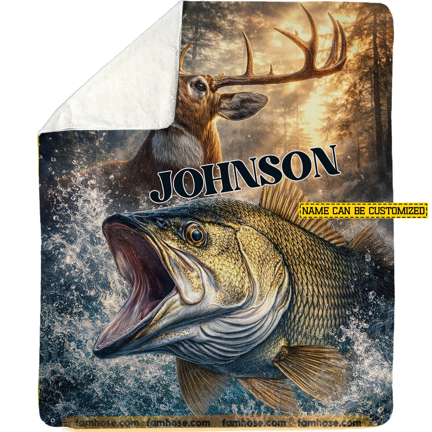 Personalized Deer Hunting & Fishing Fleece Blanket, Two Passions Woven Blanket, Sherpa Blanket Gift For Deer Hunting Lover, Fishing Lover