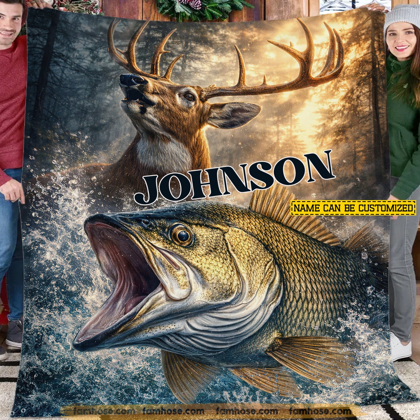 Personalized Deer Hunting & Fishing Fleece Blanket, Two Passions Woven Blanket, Sherpa Blanket Gift For Deer Hunting Lover, Fishing Lover