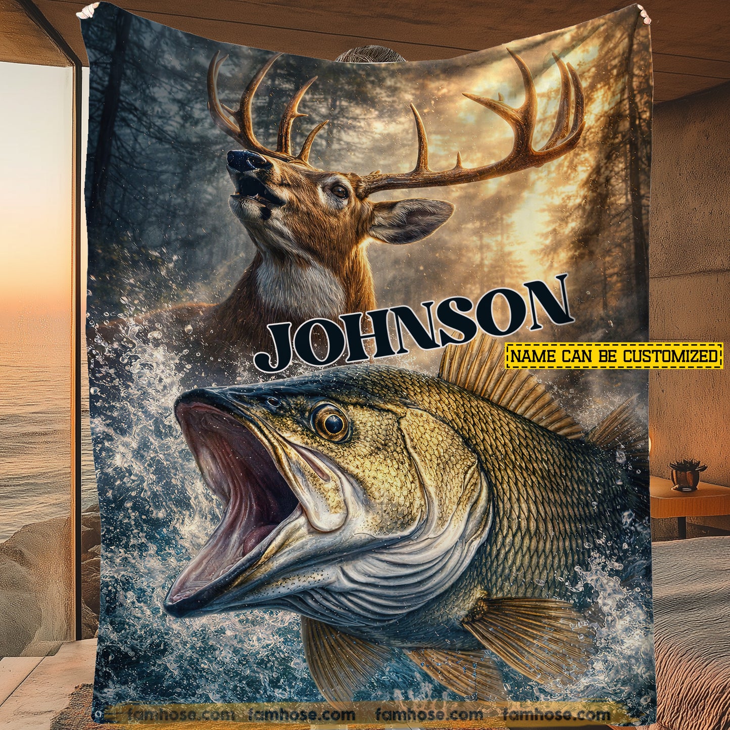 Personalized Deer Hunting & Fishing Fleece Blanket, Two Passions Woven Blanket, Sherpa Blanket Gift For Deer Hunting Lover, Fishing Lover