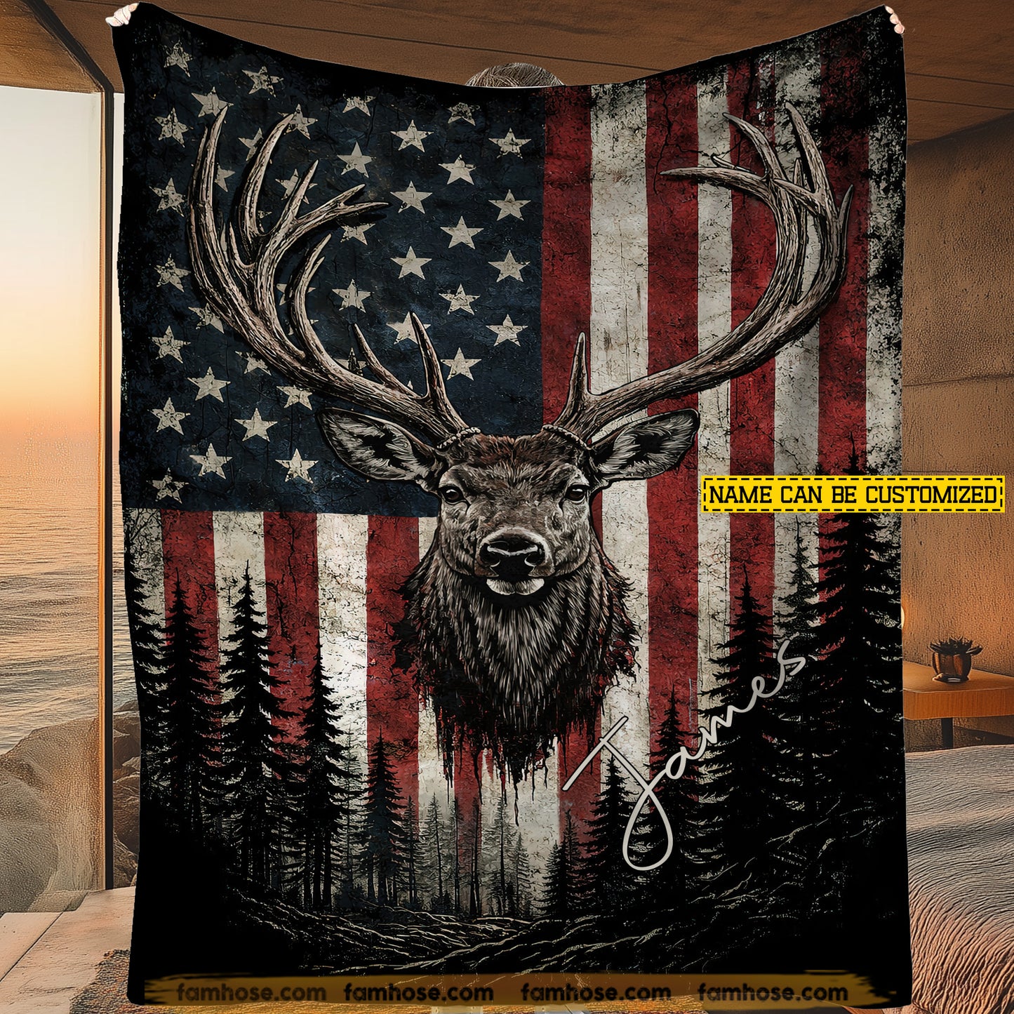 Personalized Deer Hunting Fleece Blanket, A True American Outdoorsman Woven Blanket, Sherpa Blanket Gift For Deer Hunting Lover