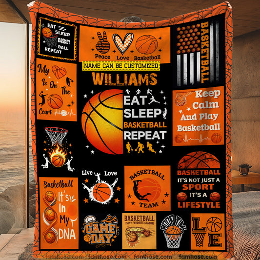 Personalized Basketball Fleece Blanket, Eat Sleep Basketball Repeat Sport Woven Blanket, Sherpa Blanket Gift For Basketball Lover