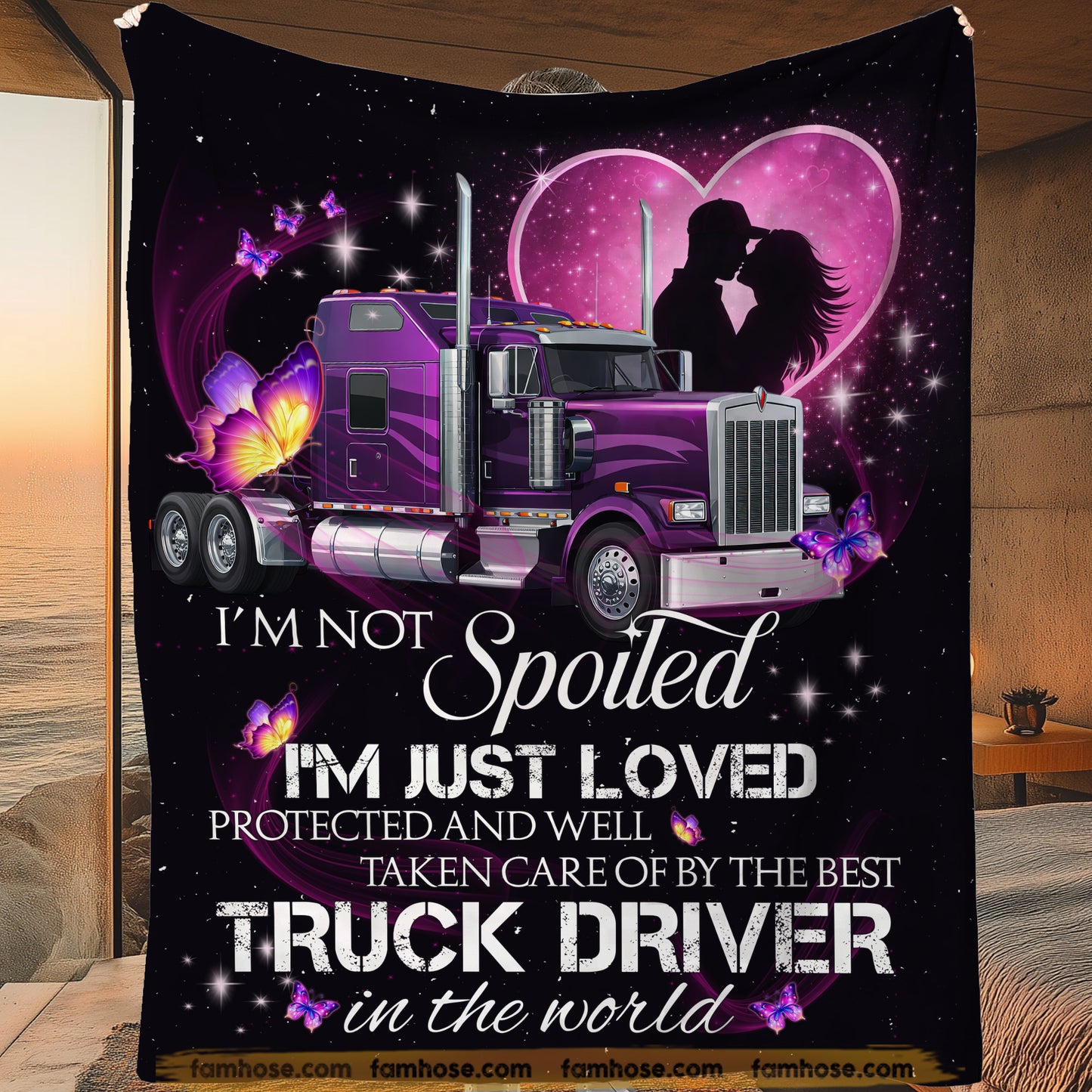 Trucker Fleece Blanket, I'm Not Spoiled I'm Just Loved Woven Blanket, Cozy Sherpa Blanket Valentine Gift For Trucker Lover