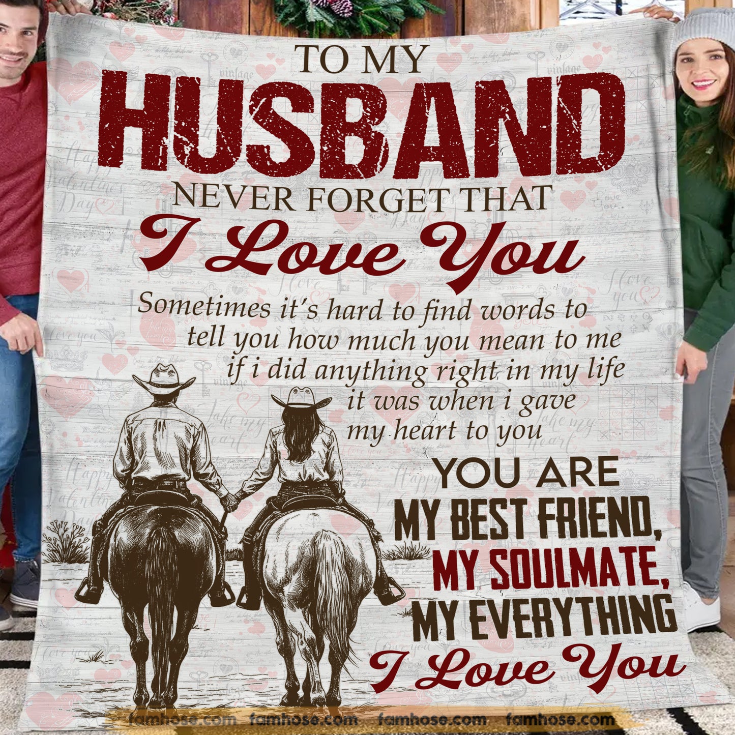 Vintage To My Cowboy Husband Fleece Blanket, Never Forget That I Love You Woven Blanket, Cozy Sherpa Blanket Valentine Gift For Cowboy Husband