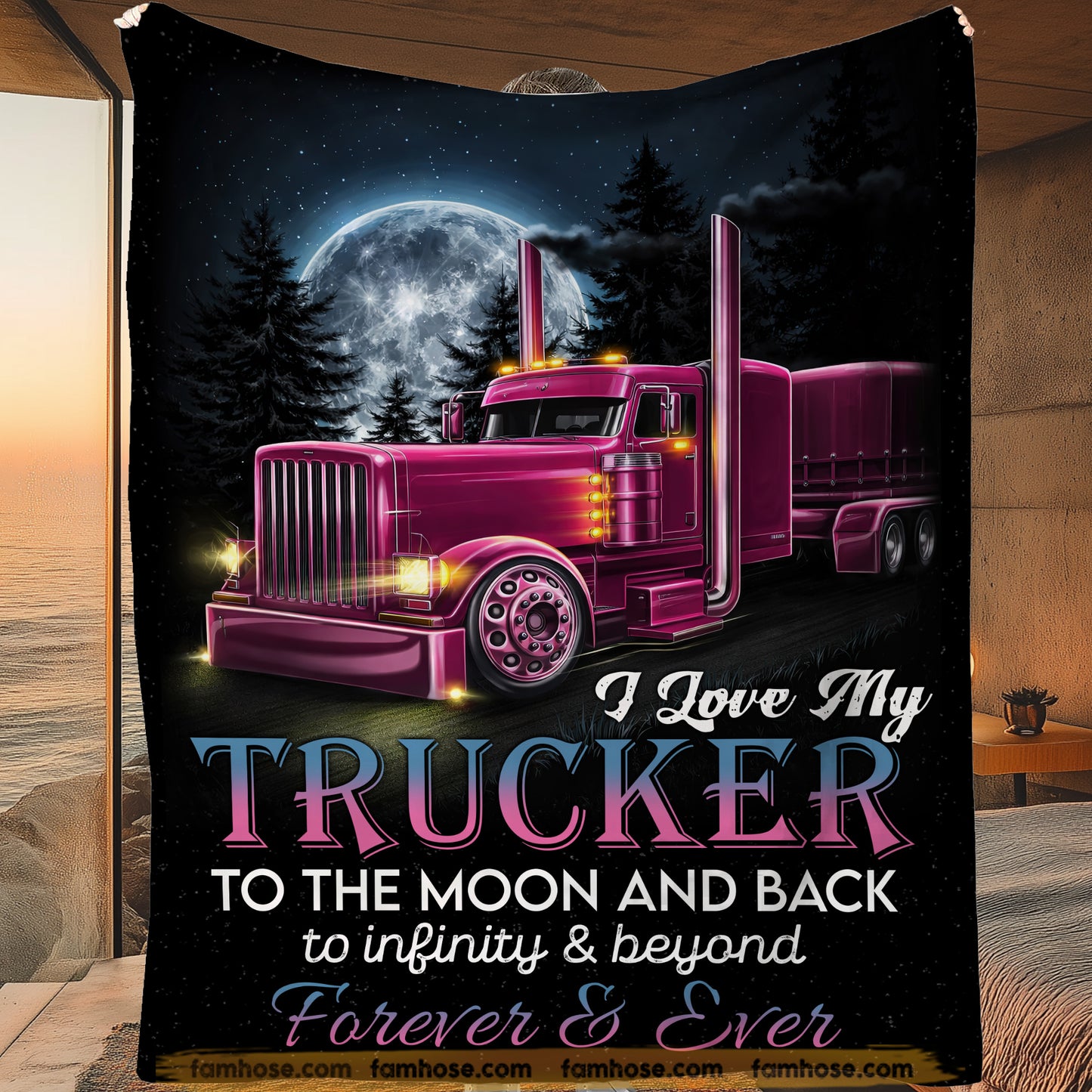 Trucker Fleece Blanket, I Love My Trucker To The Moon And Back Woven Blanket, Cozy Sherpa Blanket Valentine Gift For Trucker Lover