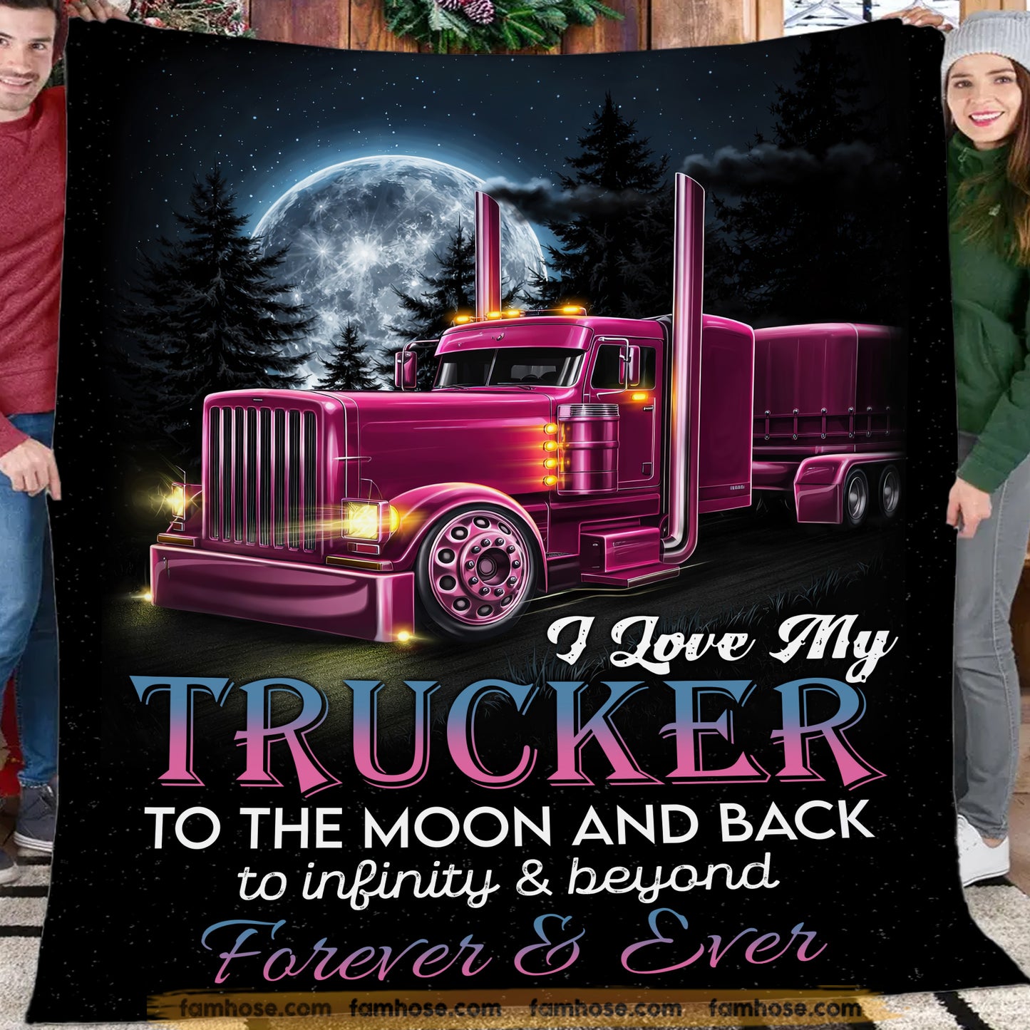 Trucker Fleece Blanket, I Love My Trucker To The Moon And Back Woven Blanket, Cozy Sherpa Blanket Valentine Gift For Trucker Lover