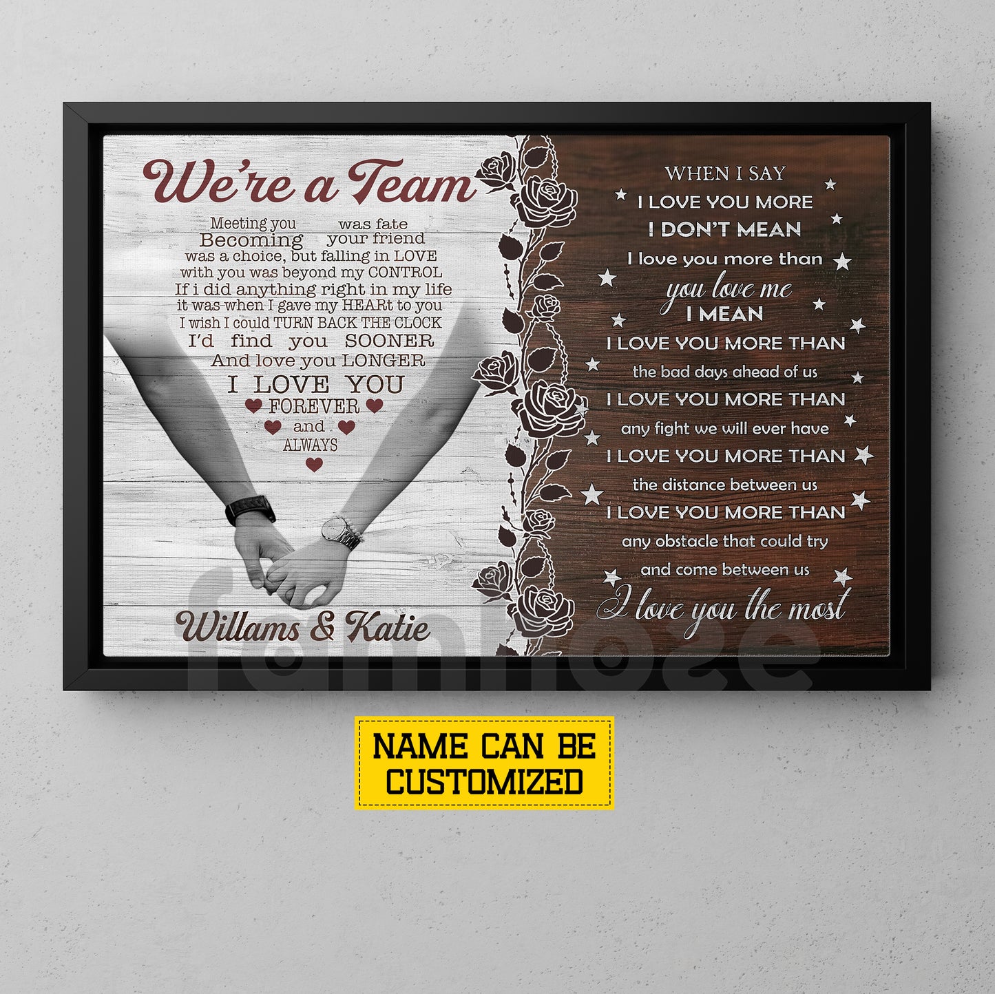 Vintage Personalized Loving Couple Canvas Painting, We're A Team Wall Art Decor, Valentine Poster Gift For Romantic Couple