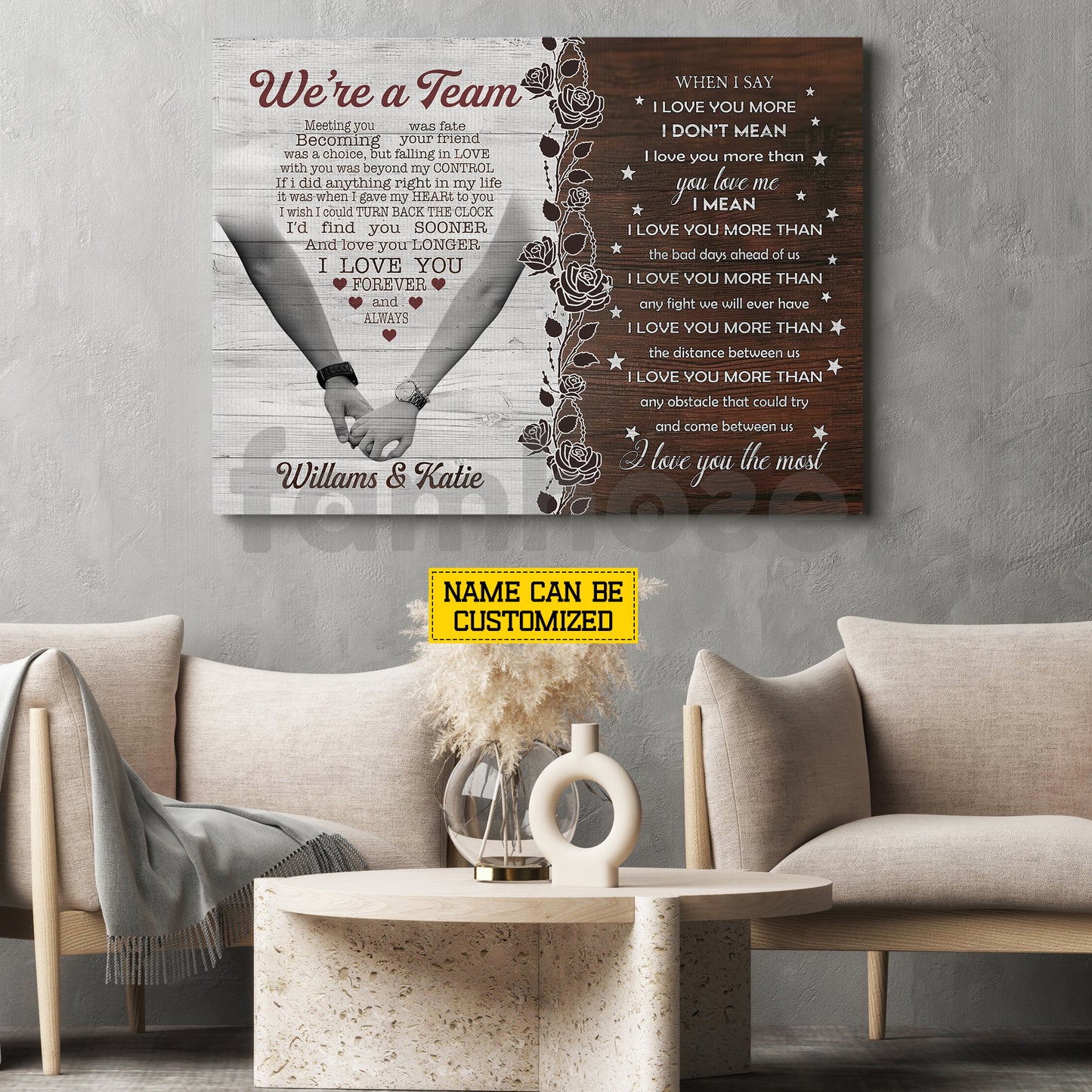 Vintage Personalized Loving Couple Canvas Painting, We're A Team Wall Art Decor, Valentine Poster Gift For Romantic Couple