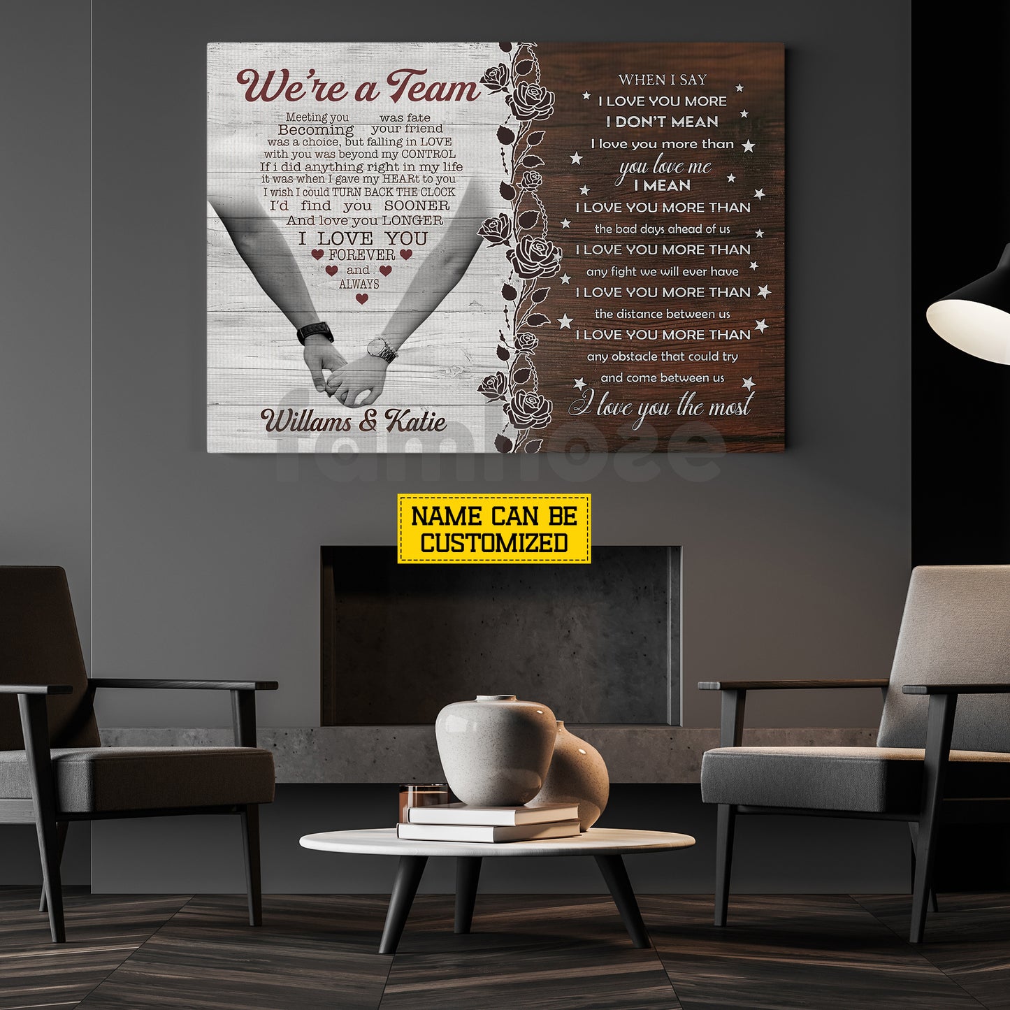 Vintage Personalized Loving Couple Canvas Painting, We're A Team Wall Art Decor, Valentine Poster Gift For Romantic Couple