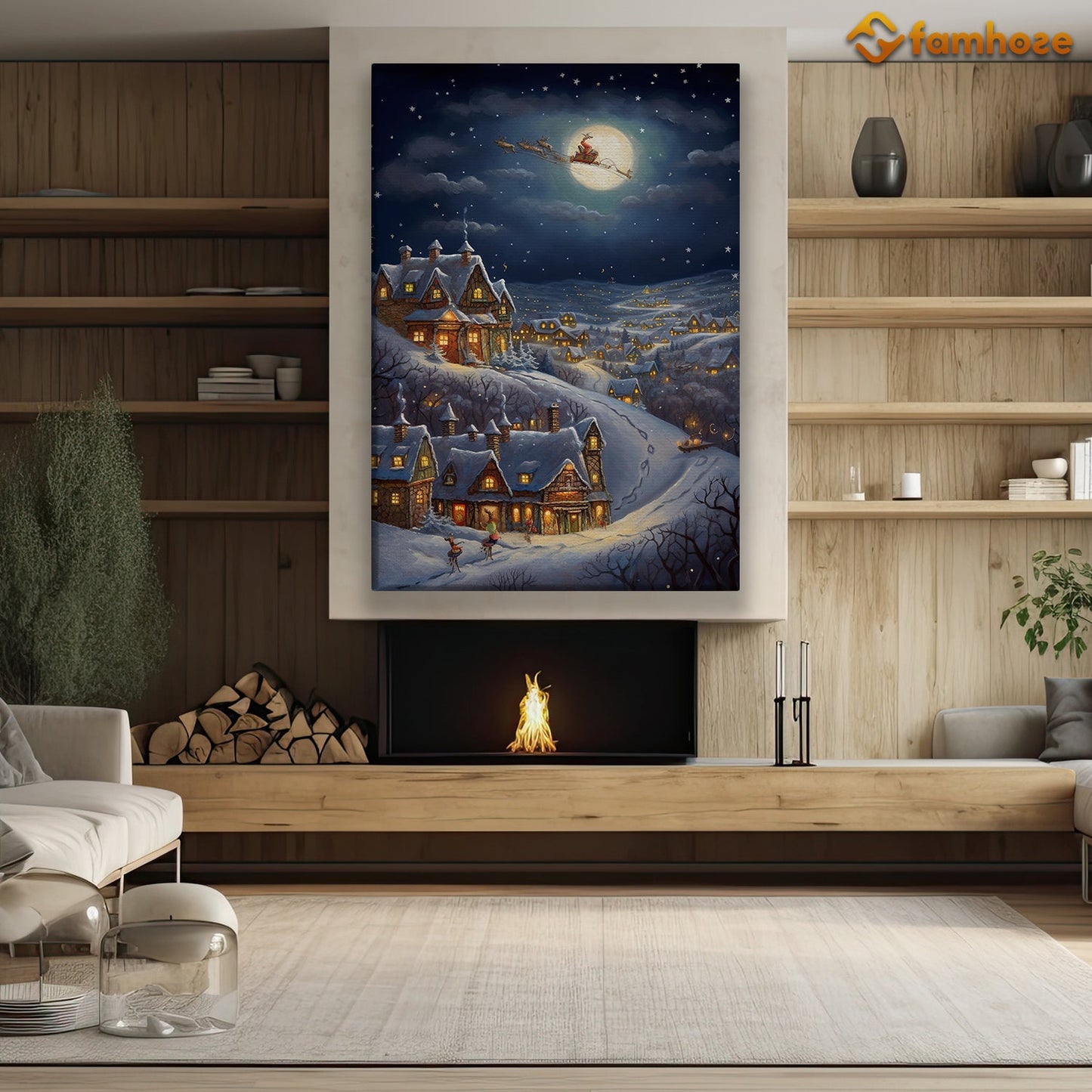 Night Scene Of Reindeer Town And Santa Claus On The Moon Christmas Canvas Painting, Xmas Wall Art Decor - Christmas Poster Gift For Decorating Your Home