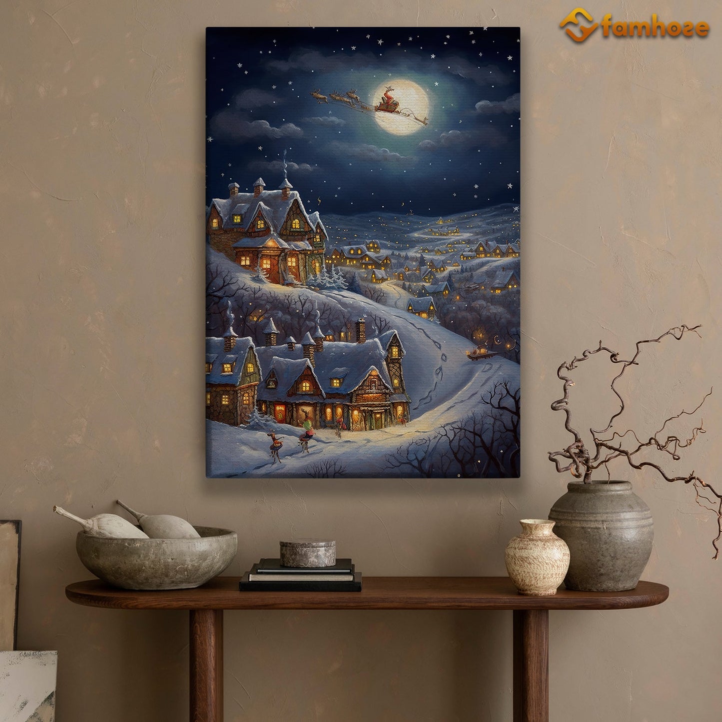 Night Scene Of Reindeer Town And Santa Claus On The Moon Christmas Canvas Painting, Xmas Wall Art Decor - Christmas Poster Gift For Decorating Your Home