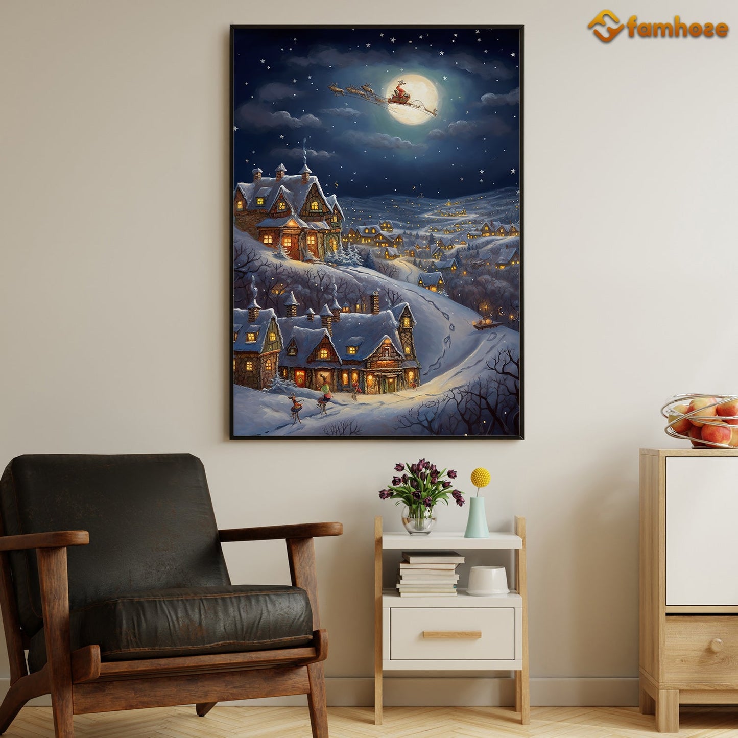 Night Scene Of Reindeer Town And Santa Claus On The Moon Christmas Canvas Painting, Xmas Wall Art Decor - Christmas Poster Gift For Decorating Your Home