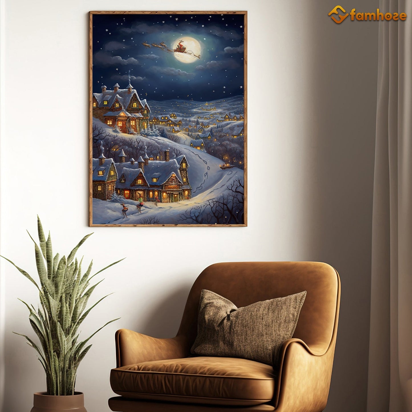 Night Scene Of Reindeer Town And Santa Claus On The Moon Christmas Canvas Painting, Xmas Wall Art Decor - Christmas Poster Gift For Decorating Your Home