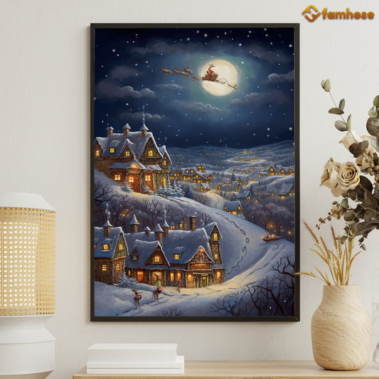 Night Scene Of Reindeer Town And Santa Claus On The Moon Christmas Canvas Painting, Xmas Wall Art Decor - Christmas Poster Gift For Decorating Your Home