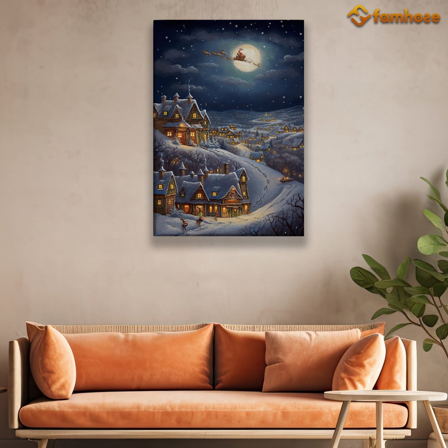 Night Scene Of Reindeer Town And Santa Claus On The Moon Christmas Canvas Painting, Xmas Wall Art Decor - Christmas Poster Gift For Decorating Your Home