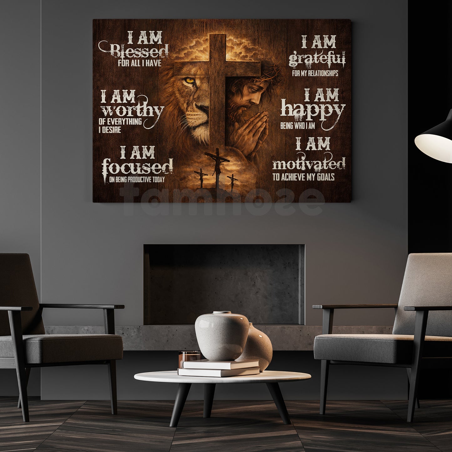 Motivational Jesus Lion Canvas Painting, I Am Blessed For All I Have Wall Art Decor, Poster Gift For Christian