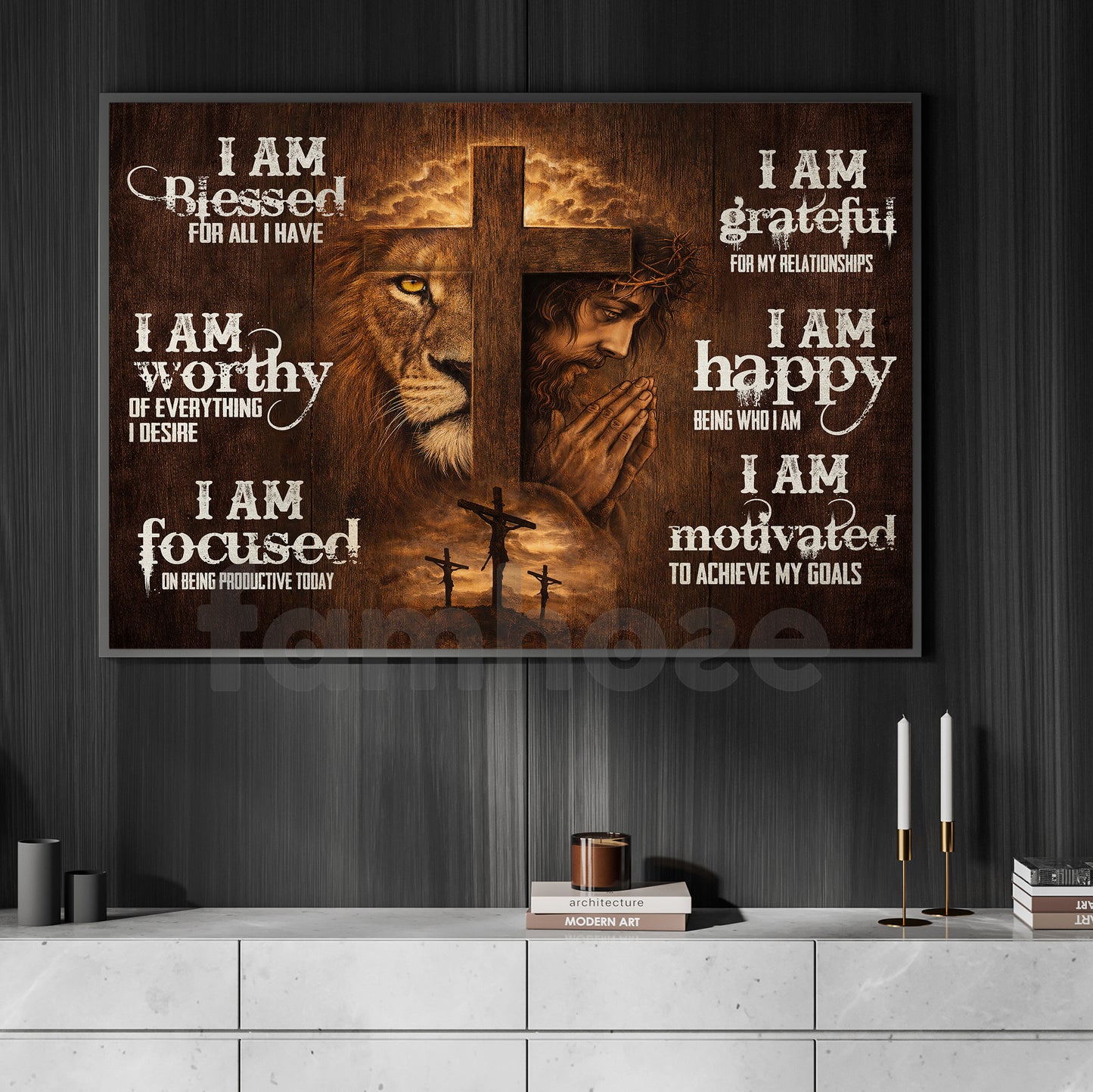 Motivational Jesus Lion Canvas Painting, I Am Blessed For All I Have Wall Art Decor, Poster Gift For Christian