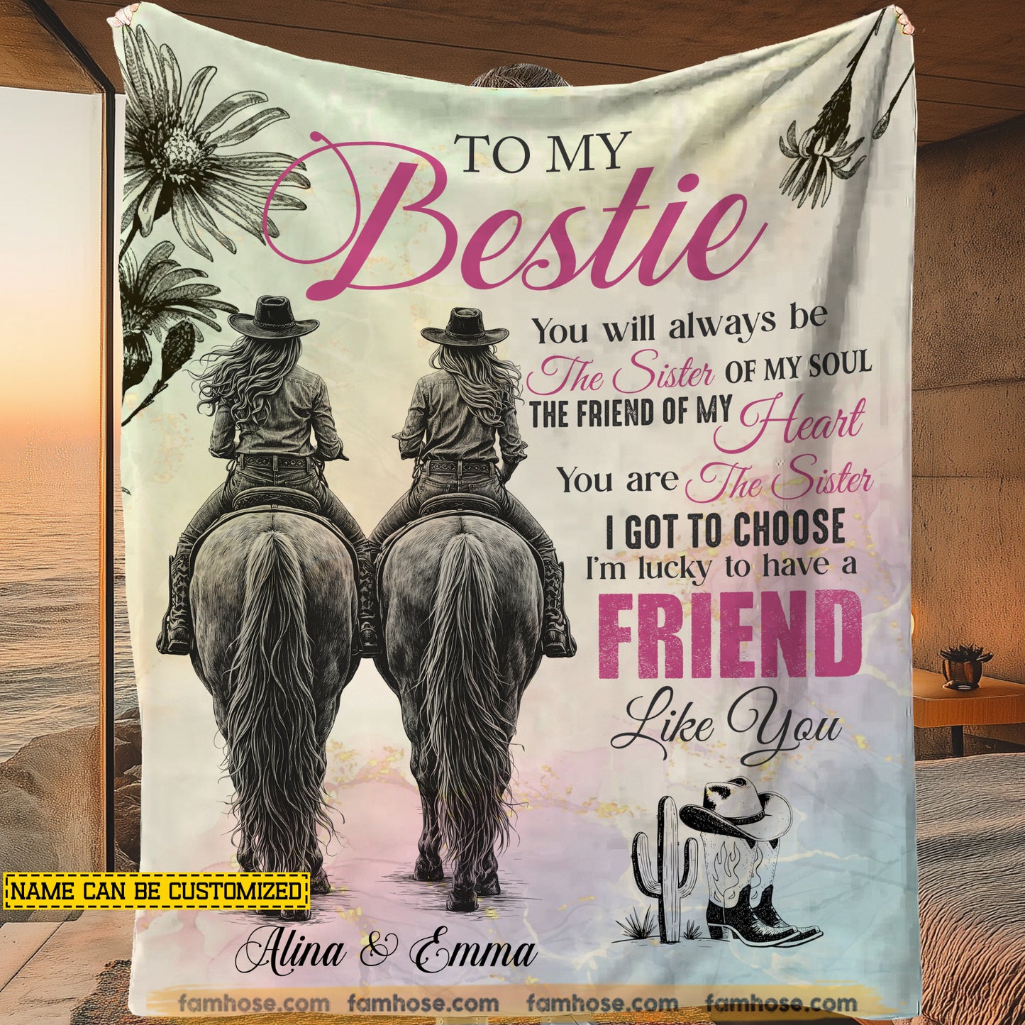 Vintage Personalized Cowgirl Bestie Fleece Blanket, To My Bestie Woven Blanket - Sherpa Blanket Gift For Your Cowgirl Bestie