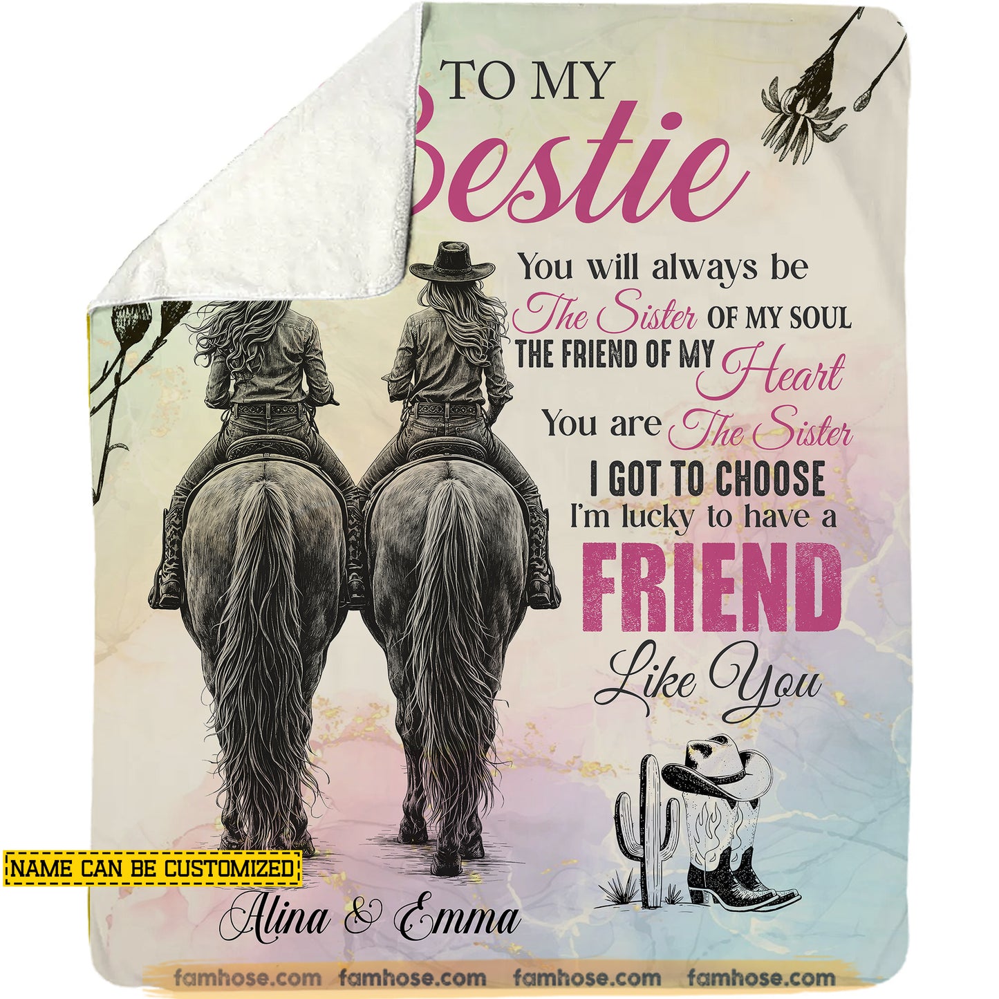 Vintage Personalized Cowgirl Bestie Fleece Blanket, To My Bestie Woven Blanket - Sherpa Blanket Gift For Your Cowgirl Bestie