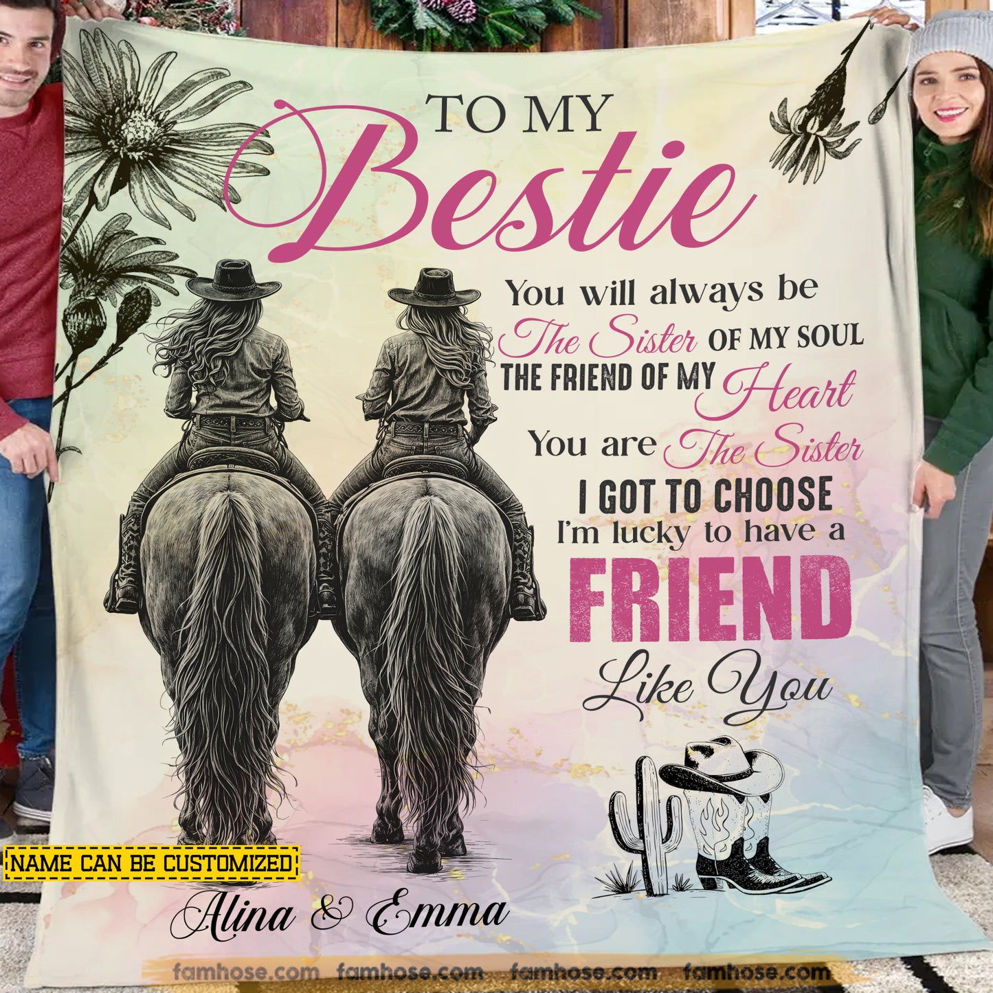 Vintage Personalized Cowgirl Bestie Fleece Blanket, To My Bestie Woven Blanket - Sherpa Blanket Gift For Your Cowgirl Bestie