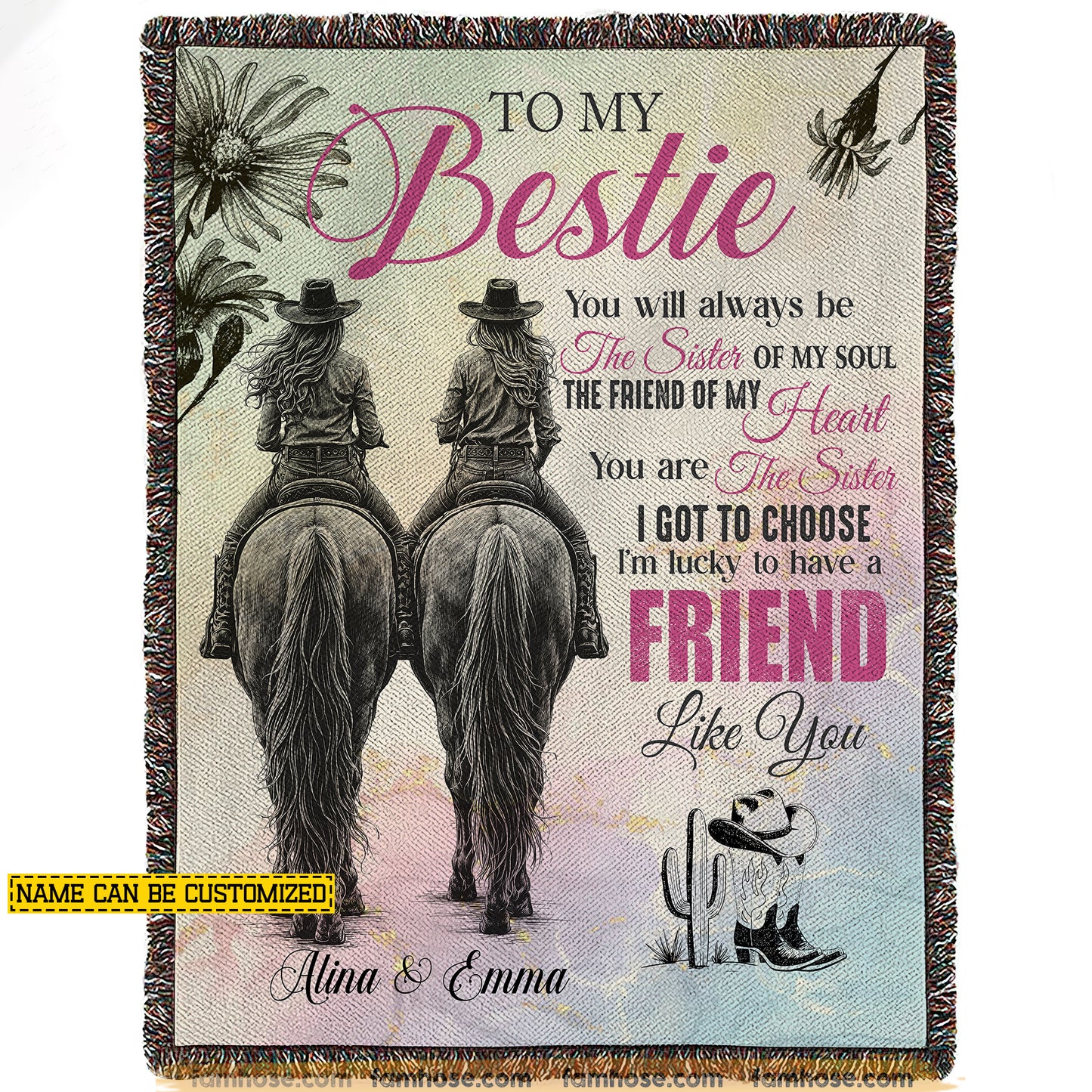 Vintage Personalized Cowgirl Bestie Fleece Blanket, To My Bestie Woven Blanket - Sherpa Blanket Gift For Your Cowgirl Bestie