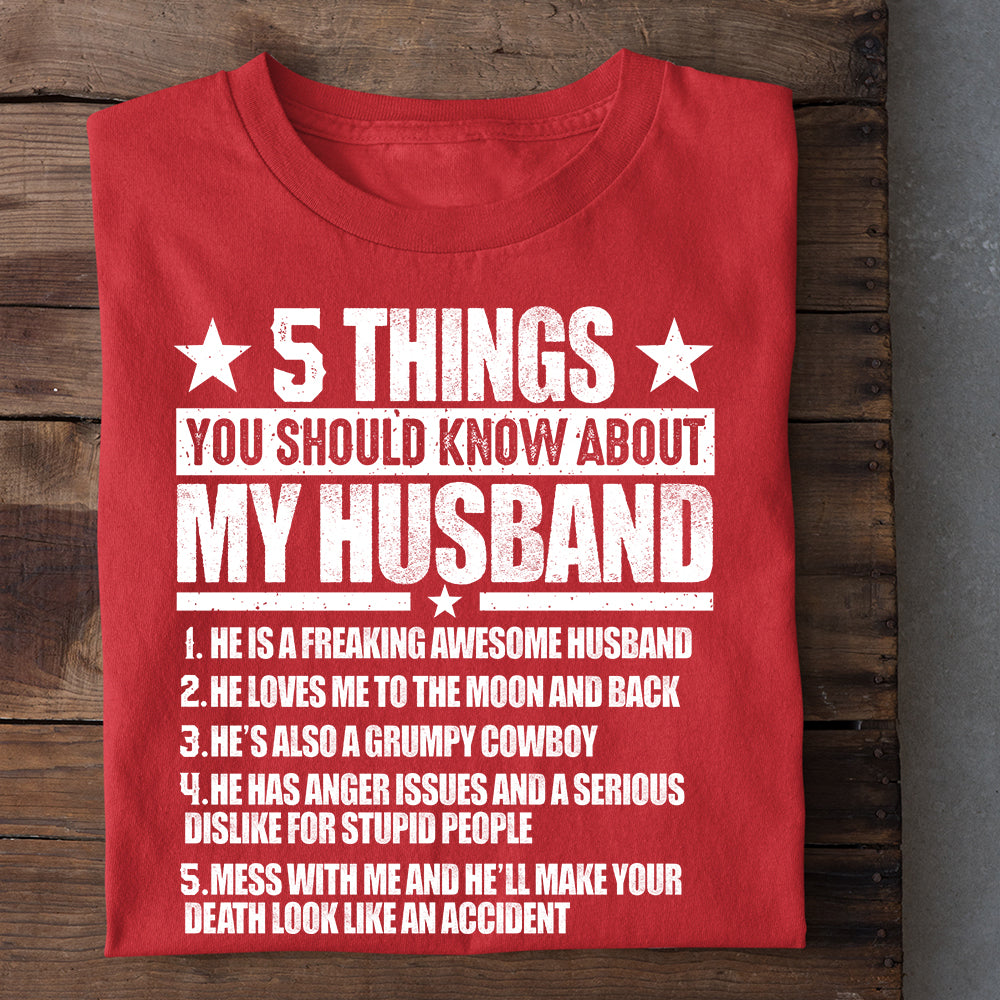 Funny Cowboy's Wife T-shirt, 5 Things You Should Know About My Husband Tees Vintage Gift For Cowboy's Wife