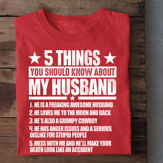 Funny Cowboy's Wife T-shirt, 5 Things You Should Know About My Husband Tees Vintage Gift For Cowboy's Wife