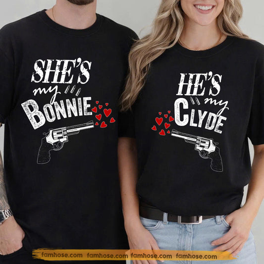 Funny Couple Matching T-shirt, She's My Bonnie & He's My Clyde Couple Tees Valentine Gift