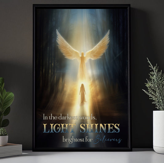 In The Darkest Woods, Light Shines Brightest For Believers, Angel Canvas Painting, Xmas Wall Art Decor - Christmas Poster Gift