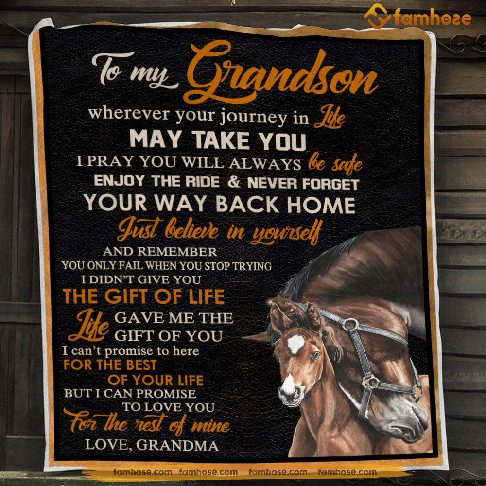 Horse Blanket, To My Grandson Never ForgetYour Way Back Home Fleece Blanket - Sherpa Blanket Gift For Horse Lover