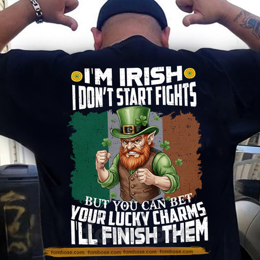 Funny Lucky Shamrock Backside T-shirt, I’m Irish, I Don’t Start Fights Shamrock Tees St Patrick's Day Gift For Irish Lover