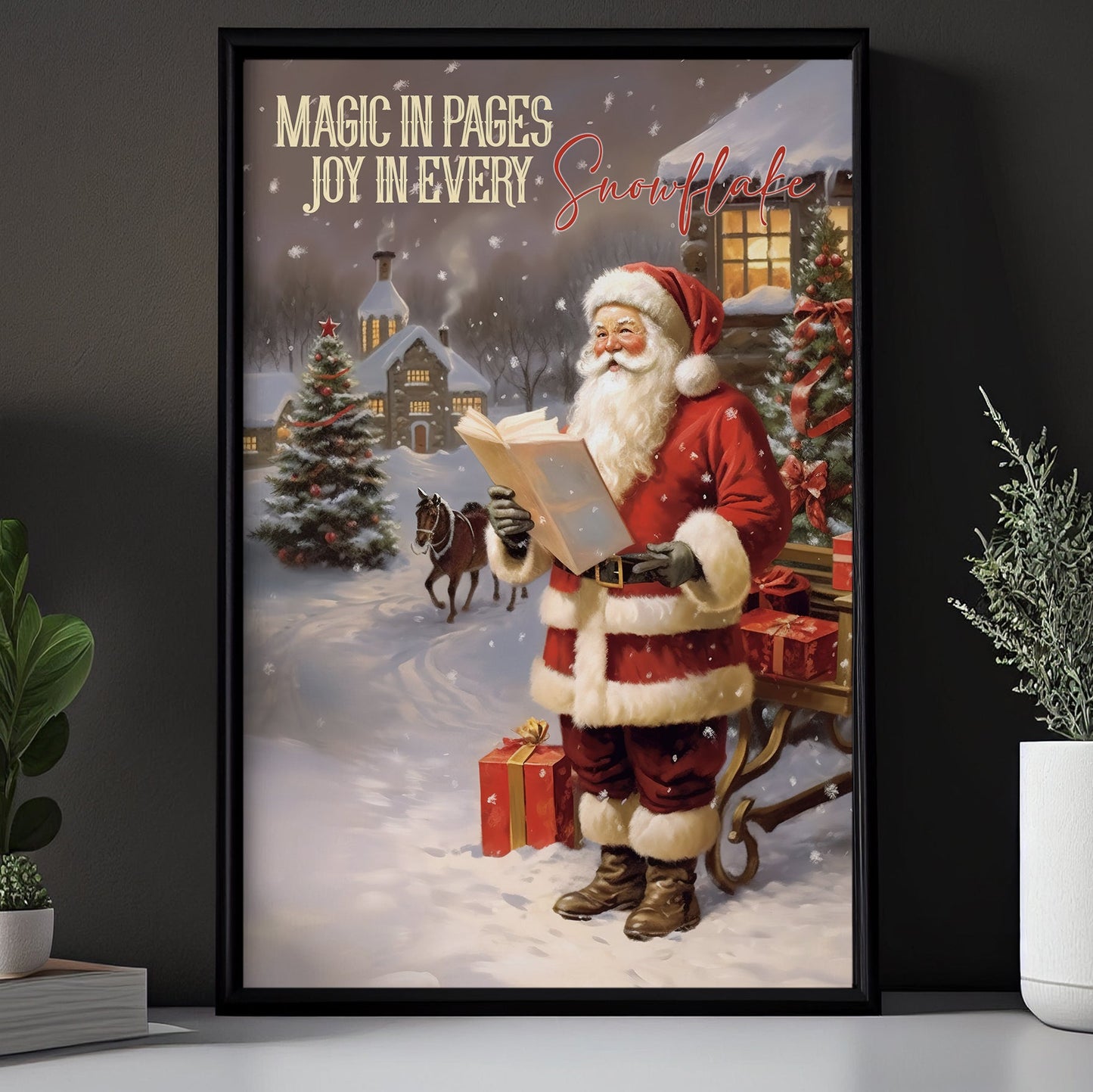 Magic In Pages Joy In Every Snowflake, Santa Claus Christmas Canvas Painting, Xmas Wall Art Decor - Christmas Poster Gift For Book Lovers