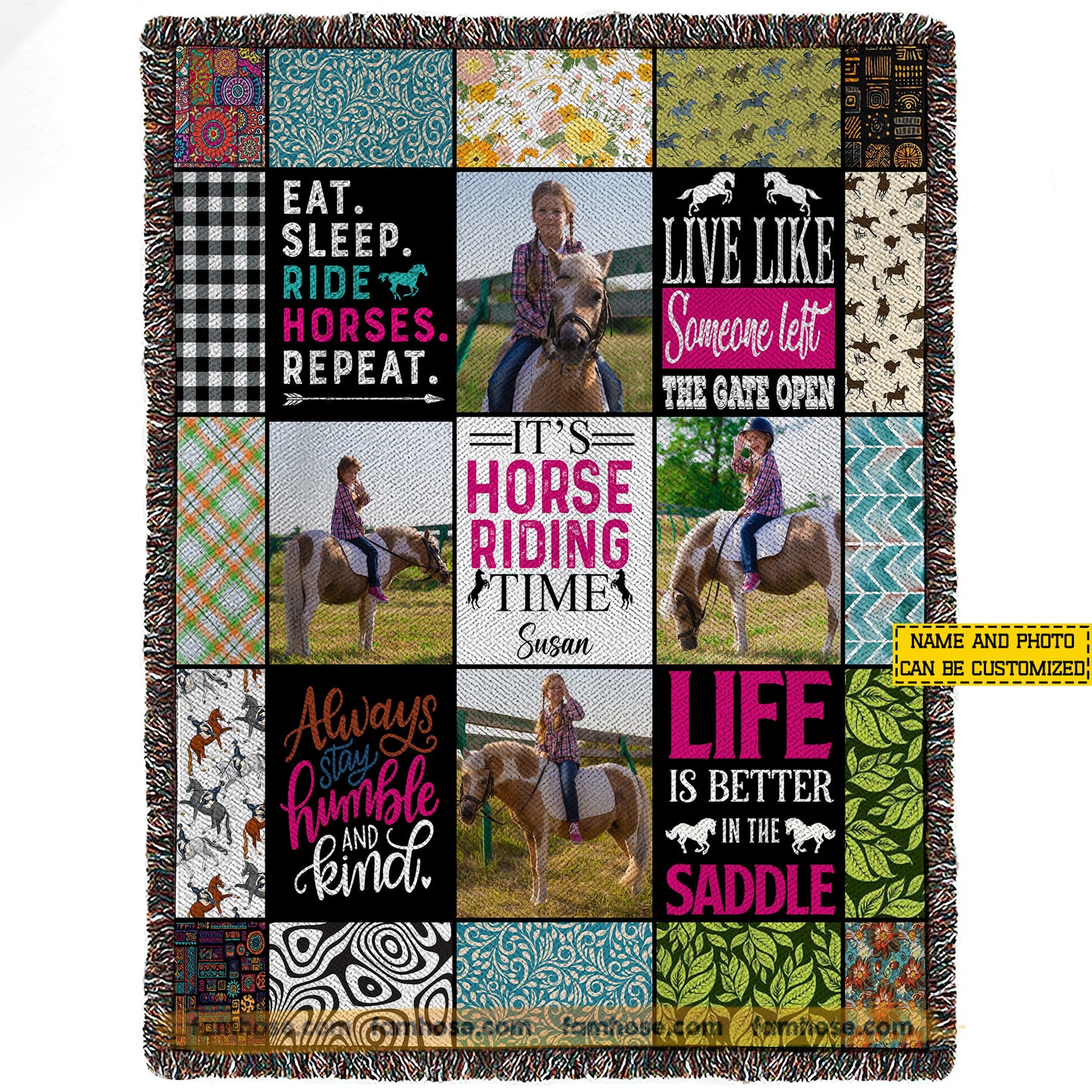 Personalized Horse Riding Girl Fleece Blanket, It's Horse Riding Time Woven Blanket, Cozy Sherpa Blanket Gift For Horse Girl