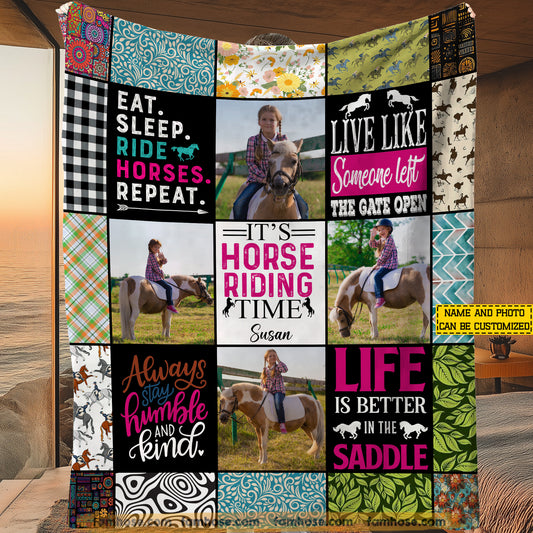 Personalized Horse Riding Girl Fleece Blanket, It's Horse Riding Time Woven Blanket, Cozy Sherpa Blanket Gift For Horse Girl