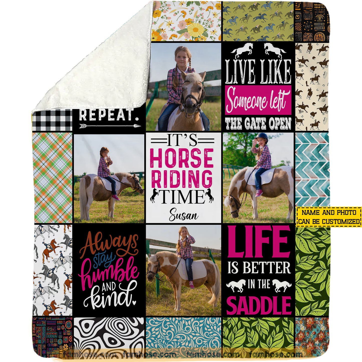 Personalized Horse Riding Girl Fleece Blanket, It's Horse Riding Time Woven Blanket, Cozy Sherpa Blanket Gift For Horse Girl