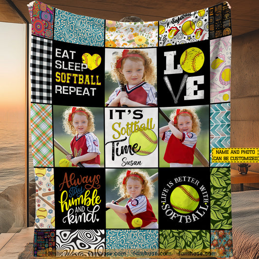 Personalized Softball Fleece Blanket, It's Softball Time Sport Woven Blanket, Cozy Sherpa Blanket Gift For Softball Lover