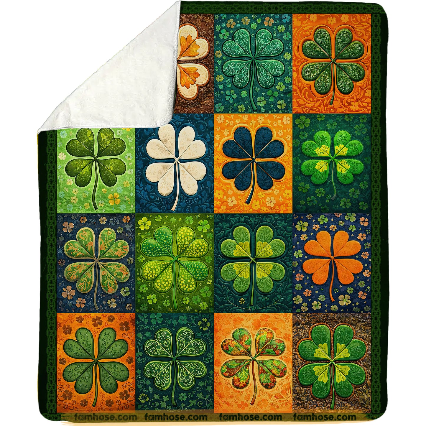 Lucky Four-Leaf Clover Fleece Blanket, A Tapestry Of Irish Luck Shamrock Woven Blanket, Sherpa Blanket Patrick's Day Gift For For Irish Lovers