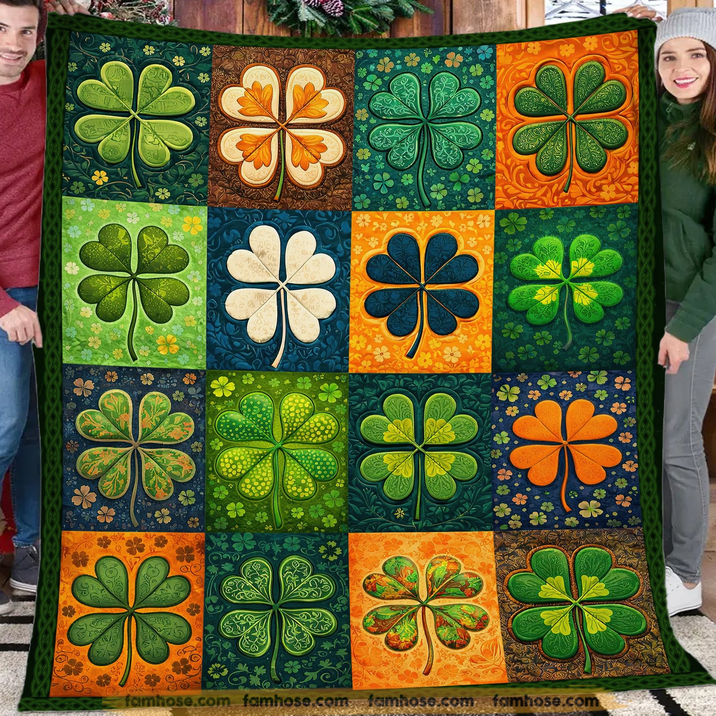 Lucky Four-Leaf Clover Fleece Blanket, A Tapestry Of Irish Luck Shamrock Woven Blanket, Sherpa Blanket Patrick's Day Gift For For Irish Lovers
