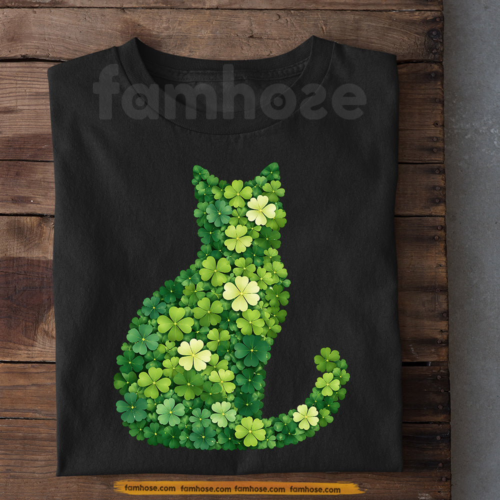 Four-Leaf Clover Cat T-shirt, Lucky Cat Made Of Shamrocks Tees St Patrick's Day Gift For Cat Lover