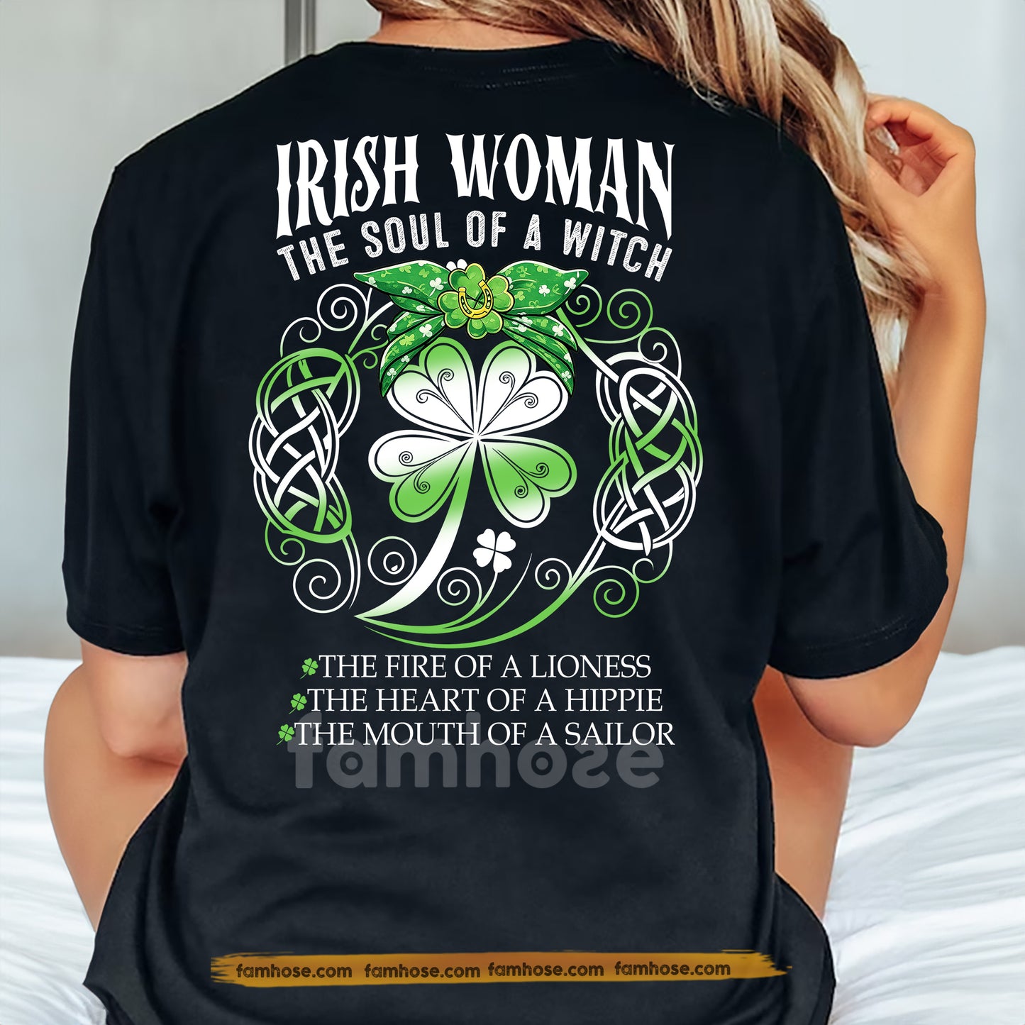Irish Woman Lucky Shamrock Backside T-shirt, The Soul Of A Witch Tees St Patrick's Day Gift For Irish Lover